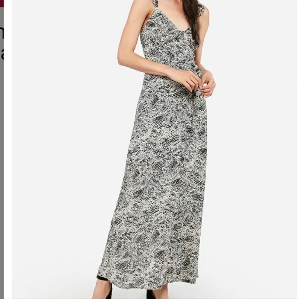 Express snakeskin print sash tie ruffle maxi dress